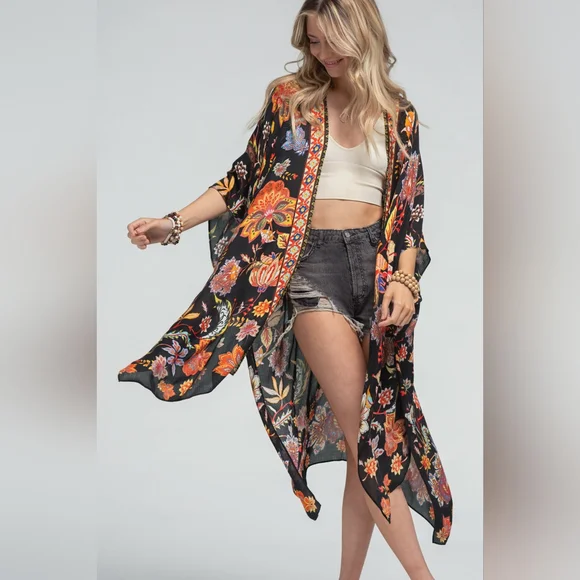 Bohemian Moroccan & Floral Print Kimono w/ Side Slits - Rich Deep Colors - Picture 2 of 5